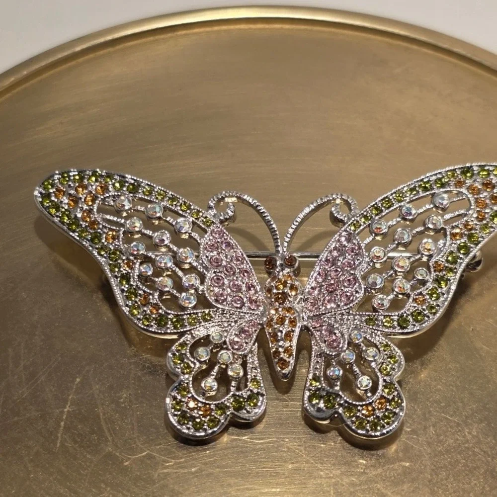 VTG Multi-Color Rhinestone Butterfly Brooch Silver Filigree‎ Spring Jewelry - Picture 3 of 12